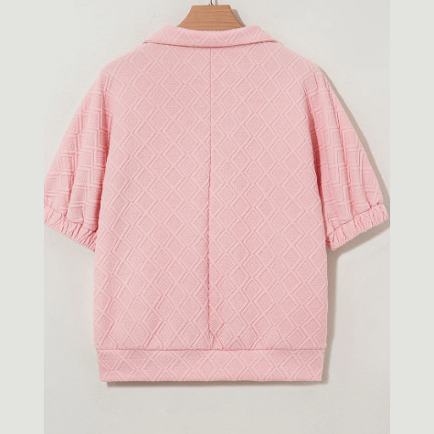 Brooklyn Pink Contrast Striped Collar Patchwork Textured Half Sleeve Blouse