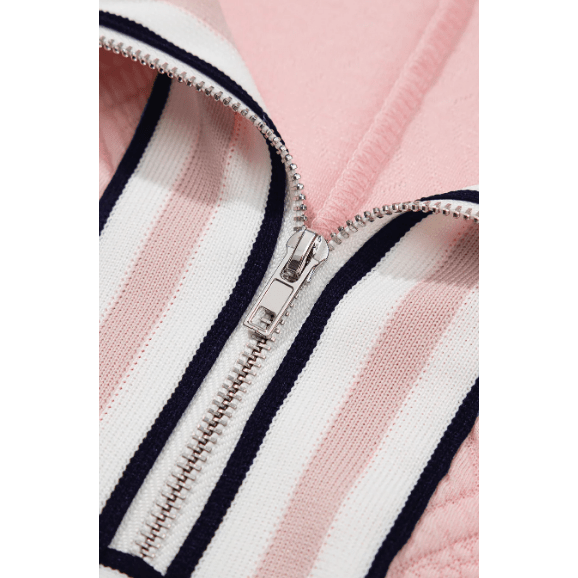 Brooklyn Pink Contrast Striped Collar Patchwork Textured Half Sleeve Blouse