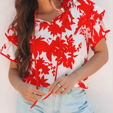 Selma Red Plant Print Tiered Ruffled Sleeve V Neck Blouse