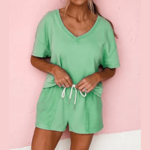 Penni Mint Green V Neck Drop Shoulder Tee and Patchwork Drawstring Shorts Set