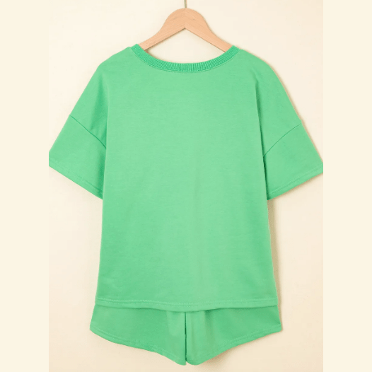 Penni Mint Green V Neck Drop Shoulder Tee and Patchwork Drawstring Shorts Set