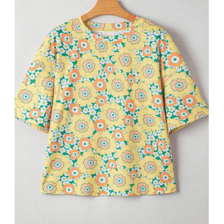 RTS Laurette Yellow Summer Flower Printed Drop Shoulder Loose T Shirt
