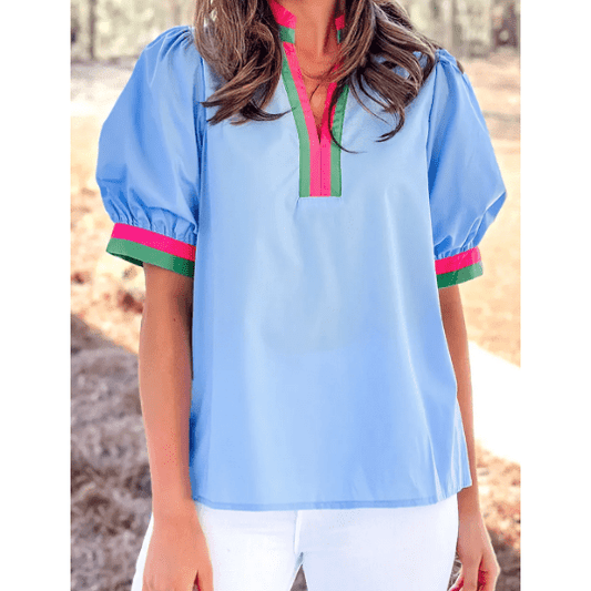 Nancie Sky Blue Contrast Striped V Neck Collision Short Puff Sleeve Blouse