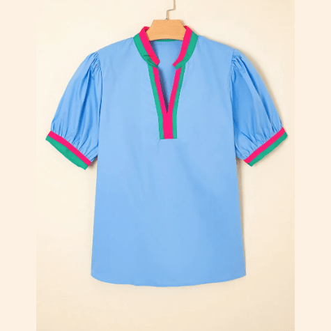 Nancie Sky Blue Contrast Striped V Neck Collision Short Puff Sleeve Blouse
