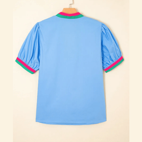 Nancie Sky Blue Contrast Striped V Neck Collision Short Puff Sleeve Blouse