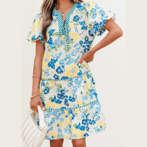 Macee Blue Floral Striped Trim Puff Short Sleeve Dress