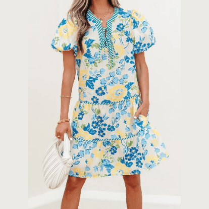 Macee Blue Floral Striped Trim Puff Short Sleeve Dress