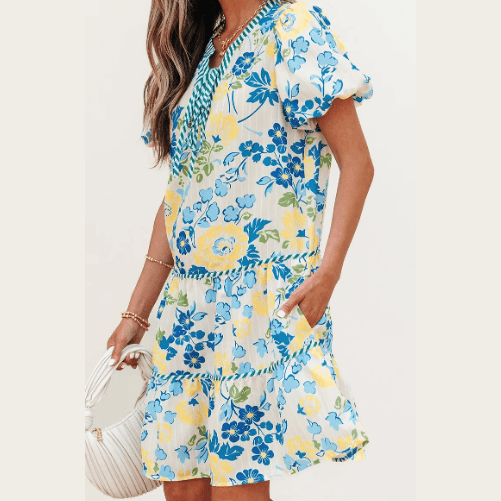 Macee Blue Floral Striped Trim Puff Short Sleeve Dress