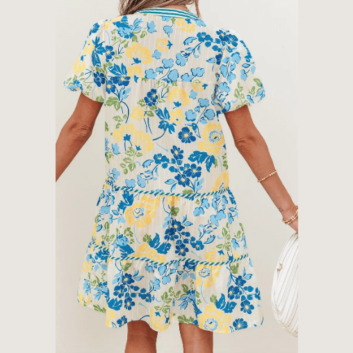 Macee Blue Floral Striped Trim Puff Short Sleeve Dress
