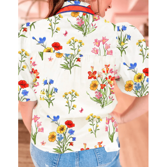 Blakelie White Floral Short Puff Sleeve Contrast V Neck Print Blouse