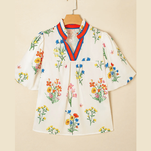 Blakelie White Floral Short Puff Sleeve Contrast V Neck Print Blouse