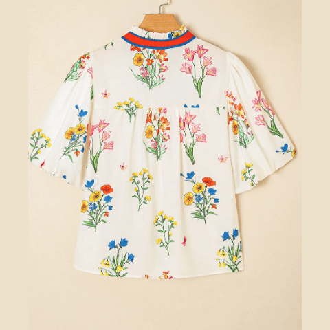 Blakelie White Floral Short Puff Sleeve Contrast V Neck Print Blouse