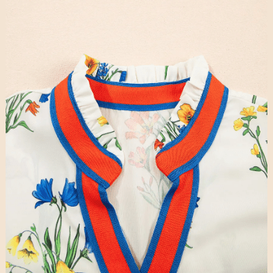 Blakelie White Floral Short Puff Sleeve Contrast V Neck Print Blouse