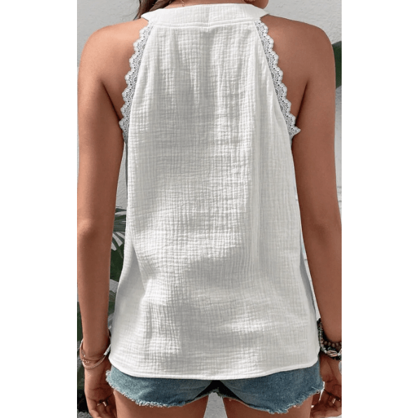 Kamren White Textured Lace Trim Pure Cotton Sleeveless Top
