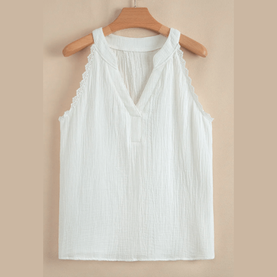 Kamren White Textured Lace Trim Pure Cotton Sleeveless Top