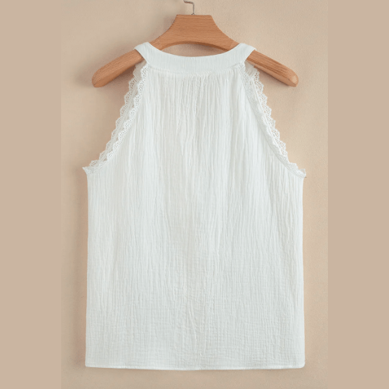 Kamren White Textured Lace Trim Pure Cotton Sleeveless Top