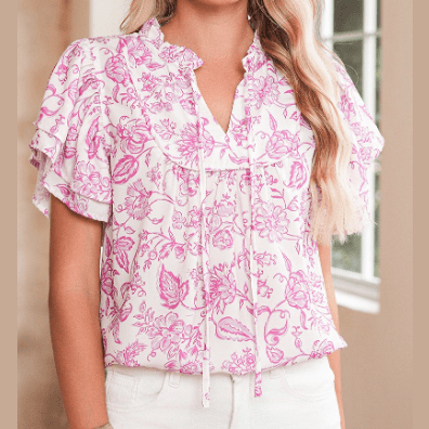 Edee Pink Baroque Floral Ruffle Sleeve V Neck Blouse Top