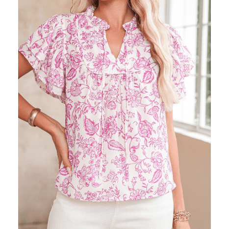 Edee Pink Baroque Floral Ruffle Sleeve V Neck Blouse Top