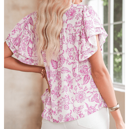 Edee Pink Baroque Floral Ruffle Sleeve V Neck Blouse Top