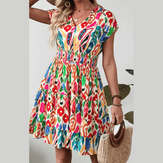 Larae Abstract Print V Neck Dolman Sleeve Ruffle Tiered Mini Dress