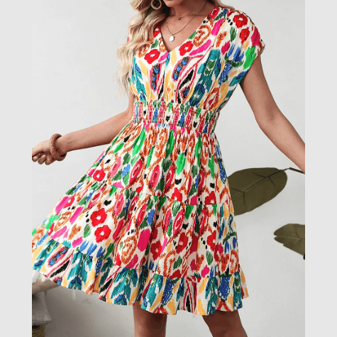 Larae Abstract Print V Neck Dolman Sleeve Ruffle Tiered Mini Dress