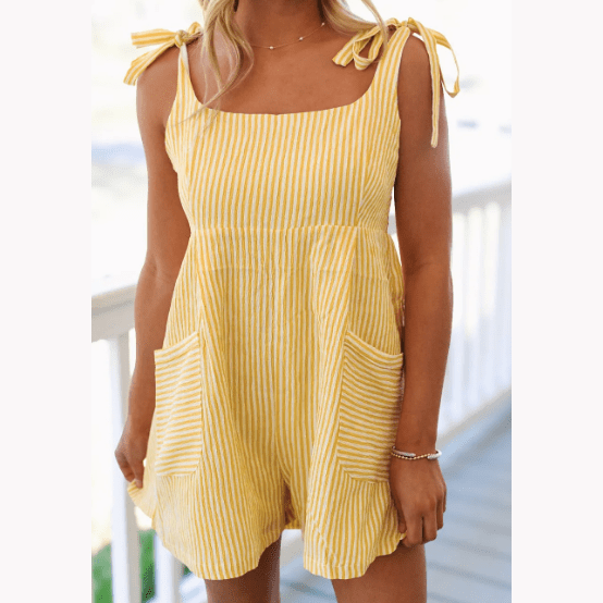 Jannae Yellow Stripe Shoulder Tie Smocked Back Wide Leg Casual Romper