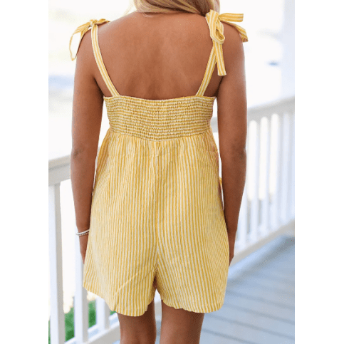 Jannae Yellow Stripe Shoulder Tie Smocked Back Wide Leg Casual Romper
