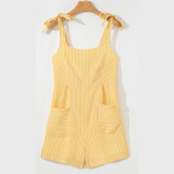 Jannae Yellow Stripe Shoulder Tie Smocked Back Wide Leg Casual Romper