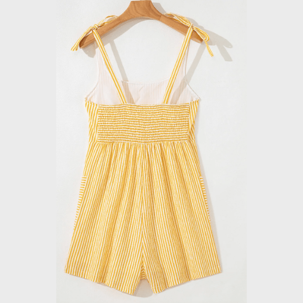 Jannae Yellow Stripe Shoulder Tie Smocked Back Wide Leg Casual Romper