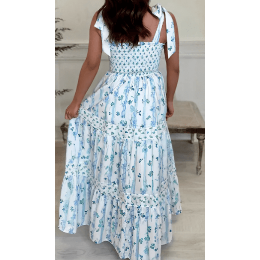 RTS Georgie Sky Blue Floral Smocked Tied Straps A-Lined Tiered Maxi Dress