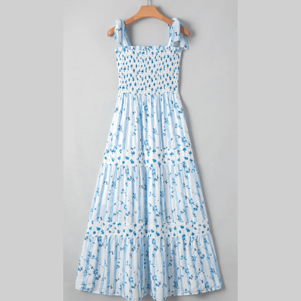 RTS Georgie Sky Blue Floral Smocked Tied Straps A-Lined Tiered Maxi Dress