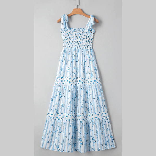 RTS Georgie Sky Blue Floral Smocked Tied Straps A-Lined Tiered Maxi Dress