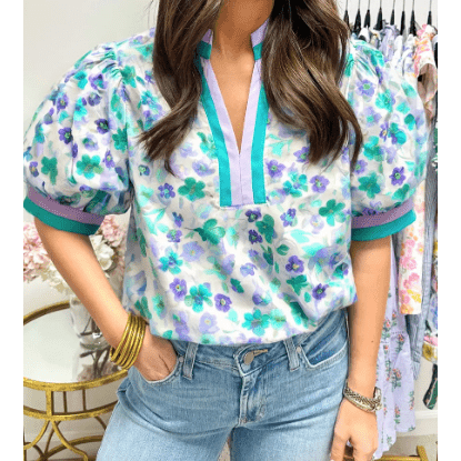 Kally Green Floral Print Striped Trim Split V Neck Puff Short Sleeve Blouse