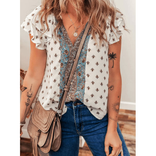 Latisha White Boho Pattern Tiered Ruffled Sleeve V Neck Buttoned Blouse