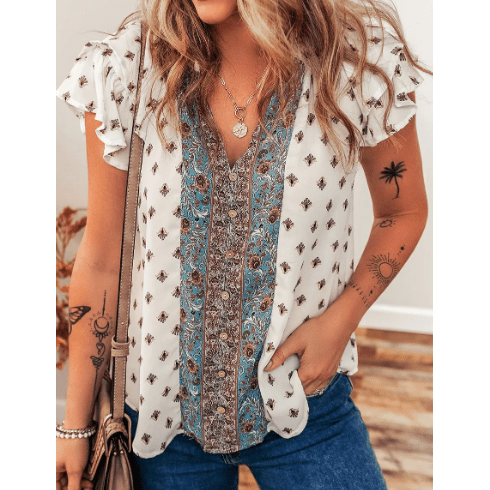 Latisha White Boho Pattern Tiered Ruffled Sleeve V Neck Buttoned Blouse