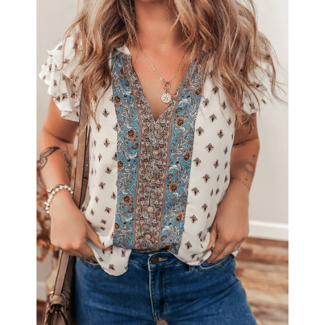 Latisha White Boho Pattern Tiered Ruffled Sleeve V Neck Buttoned Blouse