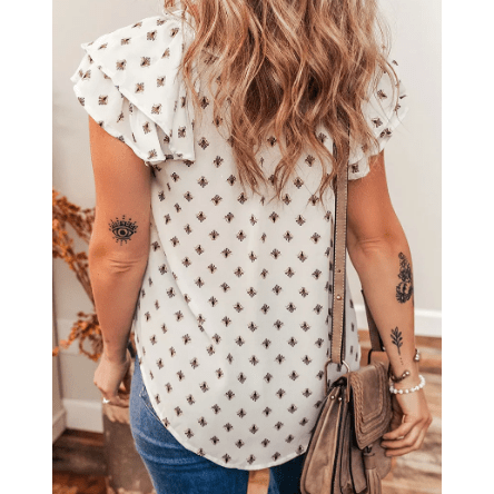 Latisha White Boho Pattern Tiered Ruffled Sleeve V Neck Buttoned Blouse