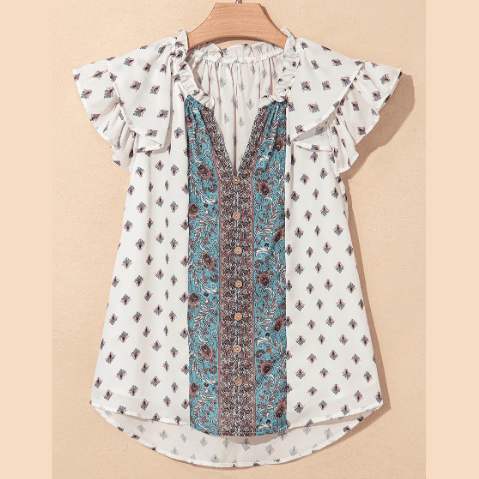 Latisha White Boho Pattern Tiered Ruffled Sleeve V Neck Buttoned Blouse