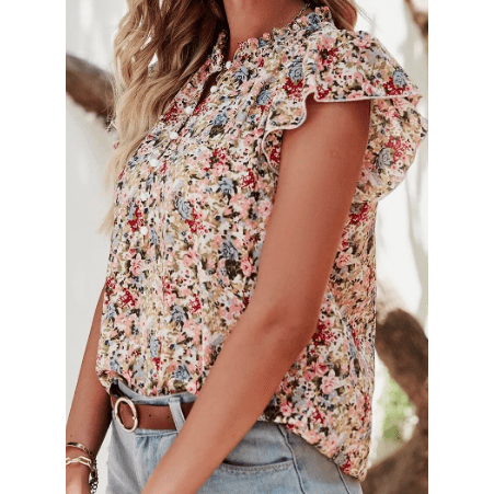 Adra Boho Floral Frilled Button Neck Ruffle Short Sleeve Blouse