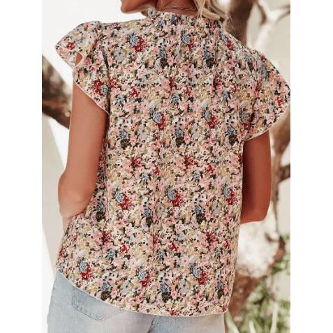 Adra Boho Floral Frilled Button Neck Ruffle Short Sleeve Blouse