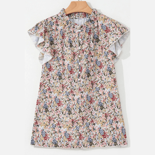 Adra Boho Floral Frilled Button Neck Ruffle Short Sleeve Blouse