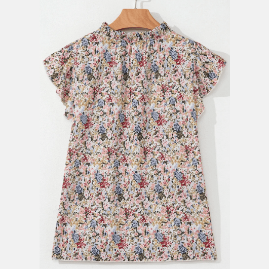 Adra Boho Floral Frilled Button Neck Ruffle Short Sleeve Blouse