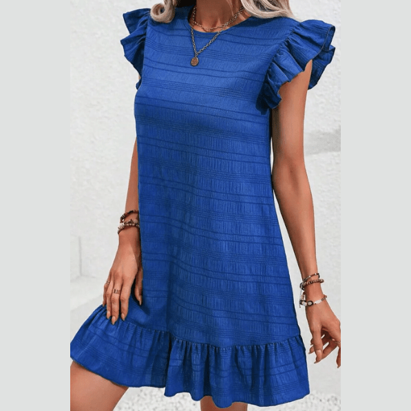 Roberta Blue Textured Flutter Sleeve Ruffled Mini Dress