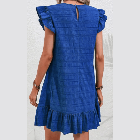Roberta Blue Textured Flutter Sleeve Ruffled Mini Dress