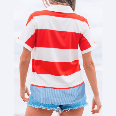 Stelly Red Stripe Collar V Neck Cuffed Dolman Short Sleeve Top