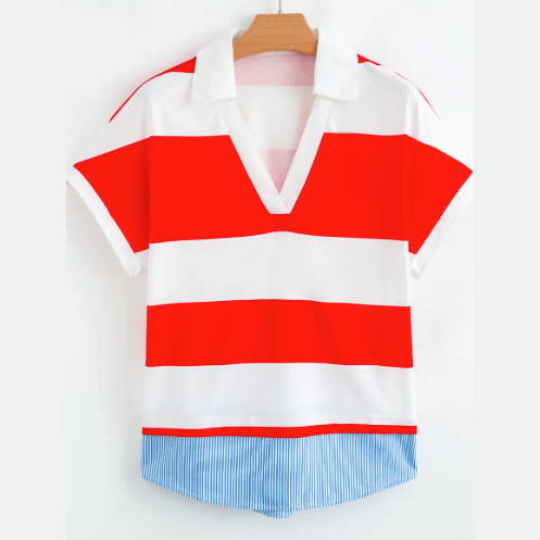 Stelly Red Stripe Collar V Neck Cuffed Dolman Short Sleeve Top