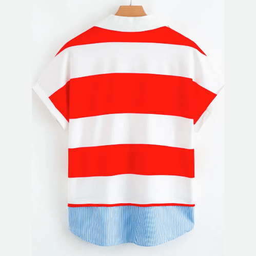 Stelly Red Stripe Collar V Neck Cuffed Dolman Short Sleeve Top