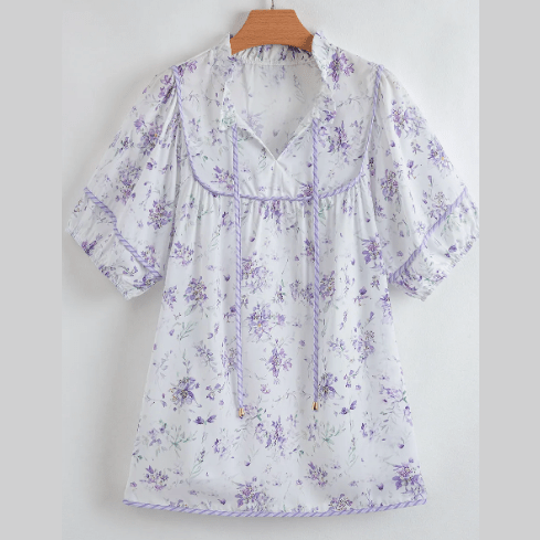 Faron Purple Floral Trimmed Detail Split Neck PLUS SIZE Top
