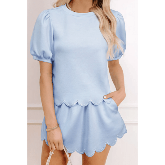 Hosanna Beau Blue Puff Sleeve Pearl Embellished Scallop Trim Top 2 Piece Skort Set
