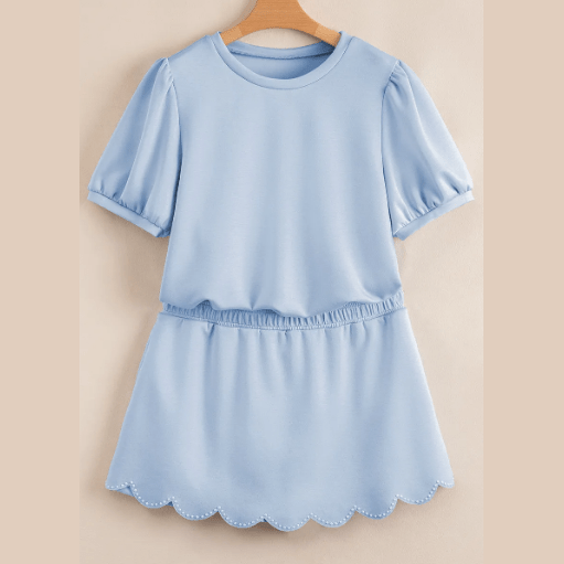 Hosanna Beau Blue Puff Sleeve Pearl Embellished Scallop Trim Top 2 Piece Skort Set